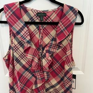 NWT Lauren Jeans Co. Women’s plaid sleeveless blouse with ruffle around neck XL